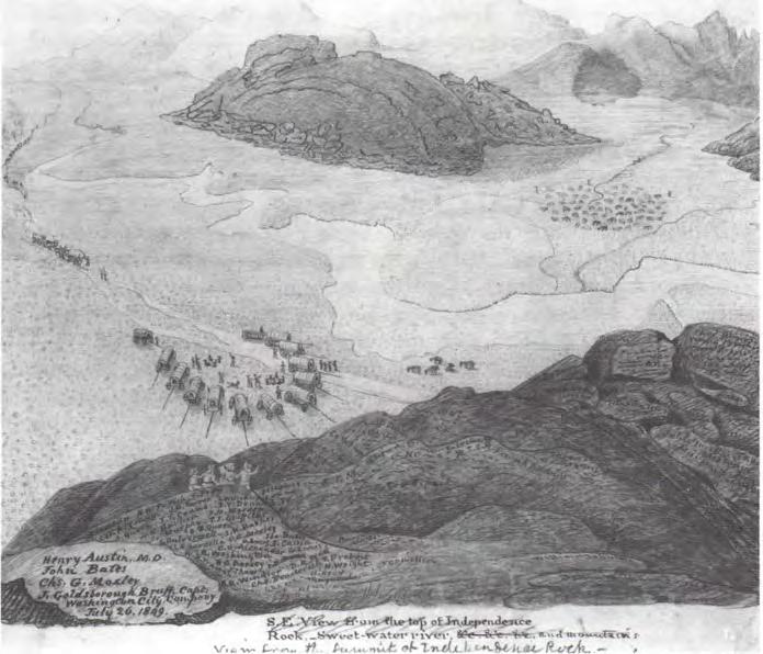 58 IDAHO YESTERDAYS J. Goldsborough Bruff's drawing of a view from the summit of Independence Rock (in modern Wyoming), showing his party encamped.