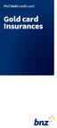BNZ Gold credit card. Gold card Insurances